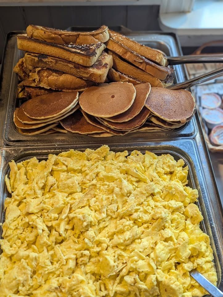 pancakes and eggs, first trays out